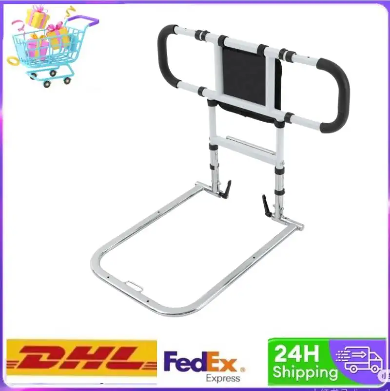 White Bed Stand Assist with Handrails Height Adjustable Foldable Bed Assist Aid for Elderly Load 300lbs with Ribbon and Light