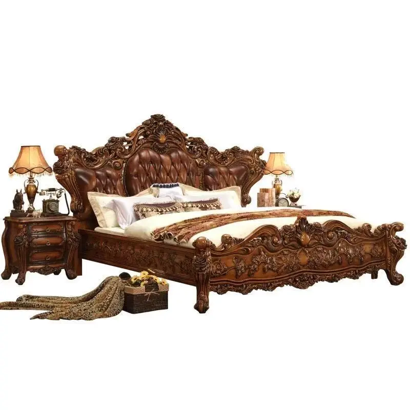 

&About Luxury Double Bed All Solid Wood Carved for Villa Master Bedroom Antique Luxury Bedroom Furniture Apartment Hotel*