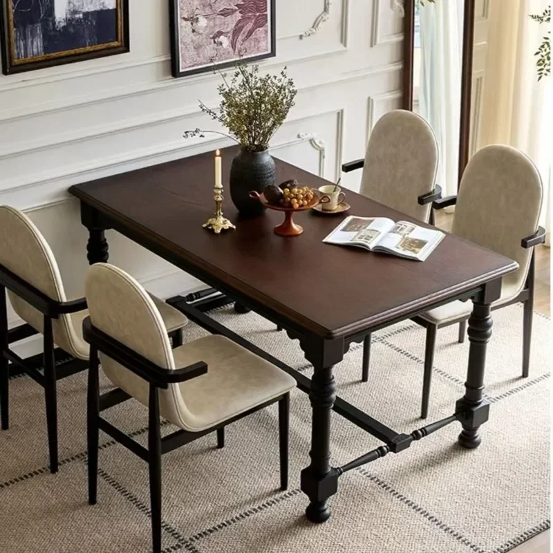 American solid wood dining table and chairs French retro light luxury black rectangular table living room home
