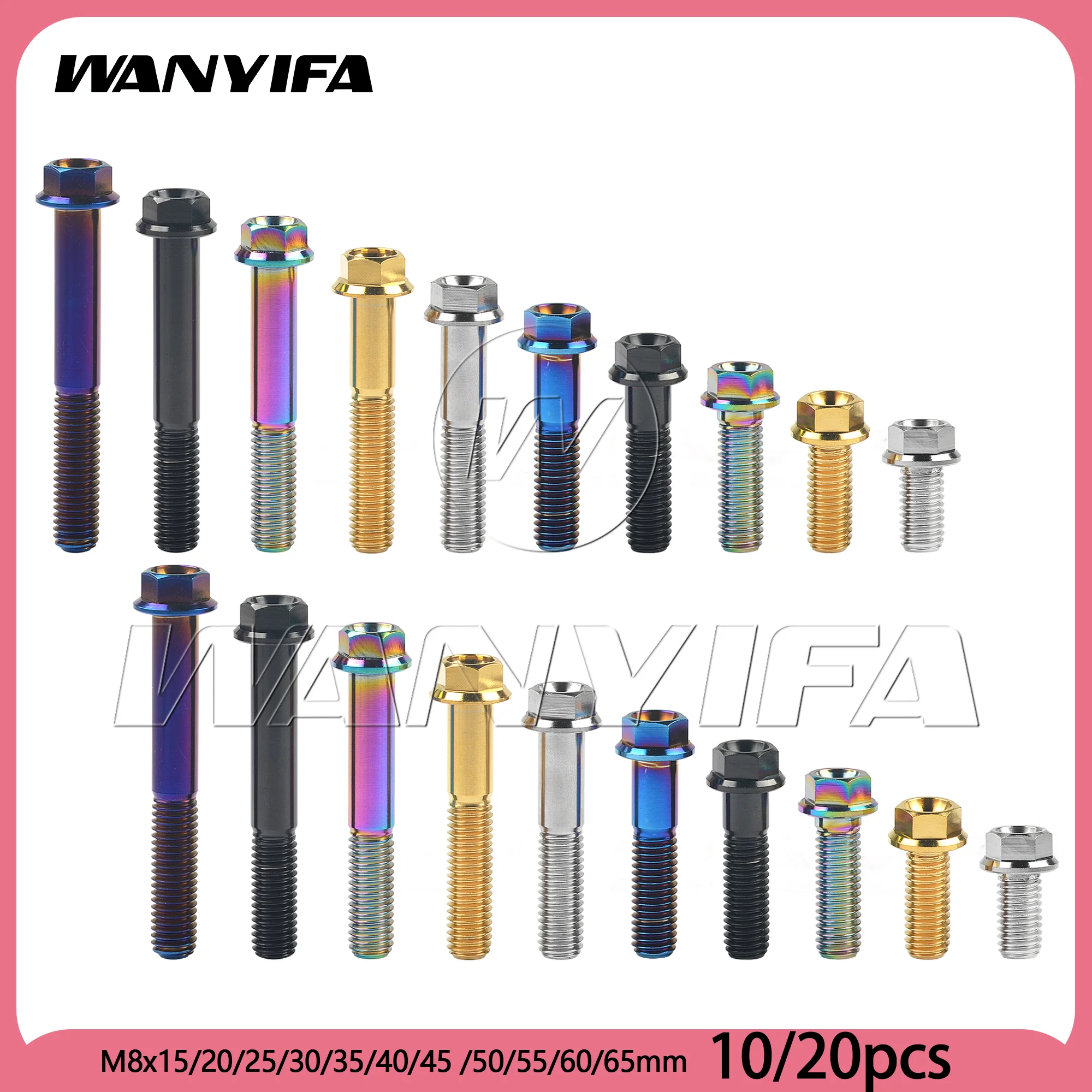 Wanyifa 10/20pcs Titanium Bolts M8x15/20/25/30/35/40/45 /50/55/60/65mm Small Flange Hex Head Screw for Motorcycle Car Disc Brake