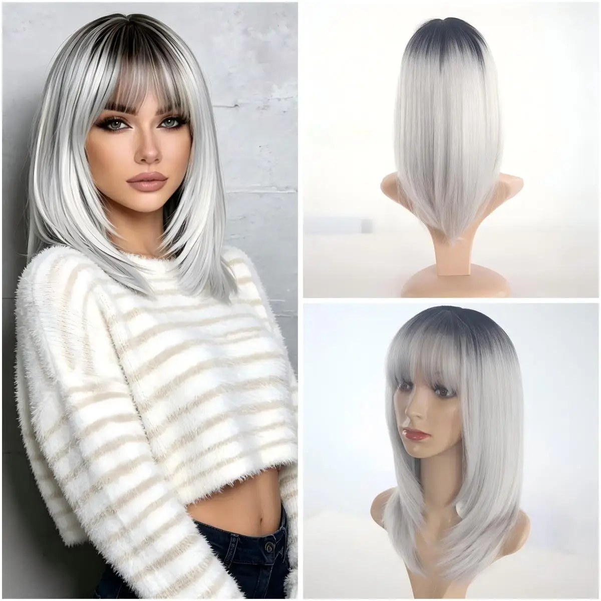 16incl Textured Medium Length Bob Wig With Airy Bangs Soft Natural Look Wigs For Ladies Dating Cosplay Occasions