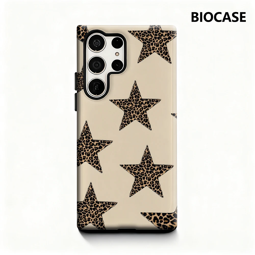 Handyhülle mit Leopardenmuster und Sternen für Samsung Galaxy S25 Ultra S24 S23 Ultra Plus, glänzende doppellagige Rückseite
