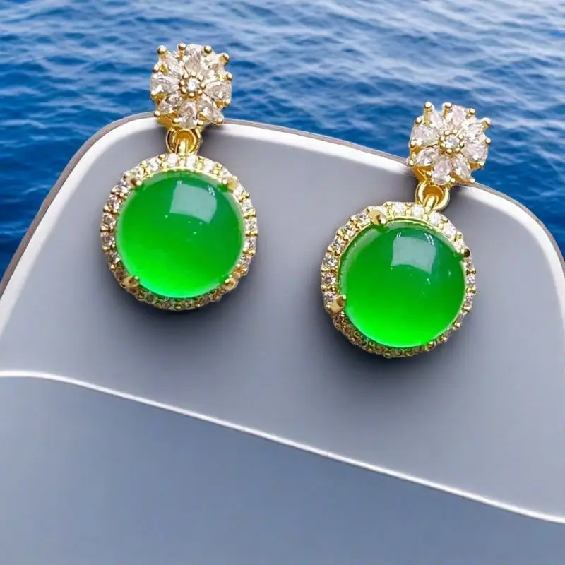 

Natural jadeite ice seed full green inlaid egg surface stud earrings, high-end jewelry, hydrated and transparent