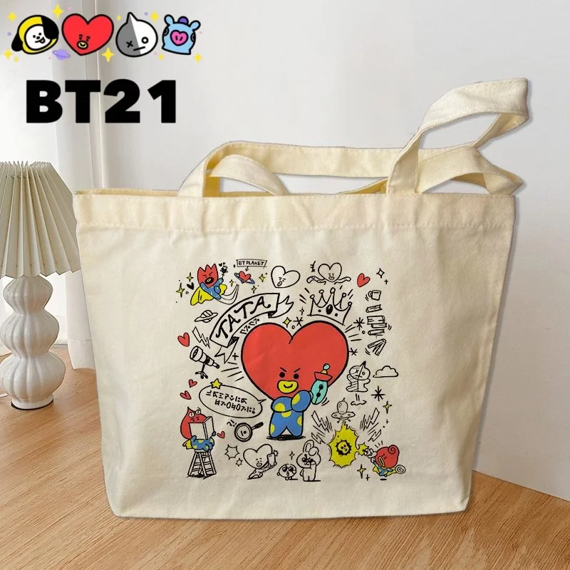 

Minimalist BT21 Sweet Cute Creative Cartoon Pattern Peripheral Fashion Large Capacity Handheld Portable Shoulder Canvas Bag