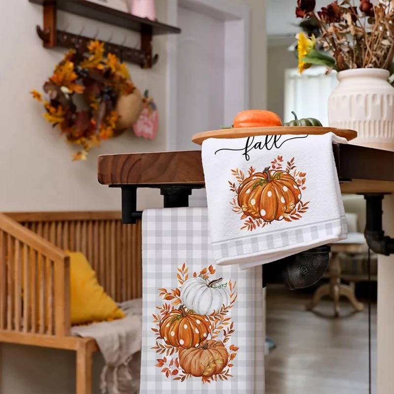 2PCS Fall Kitchen Towels Set Of 2 Autumn Dish Towels Drying Dishcloth Farmhouse Home Decor