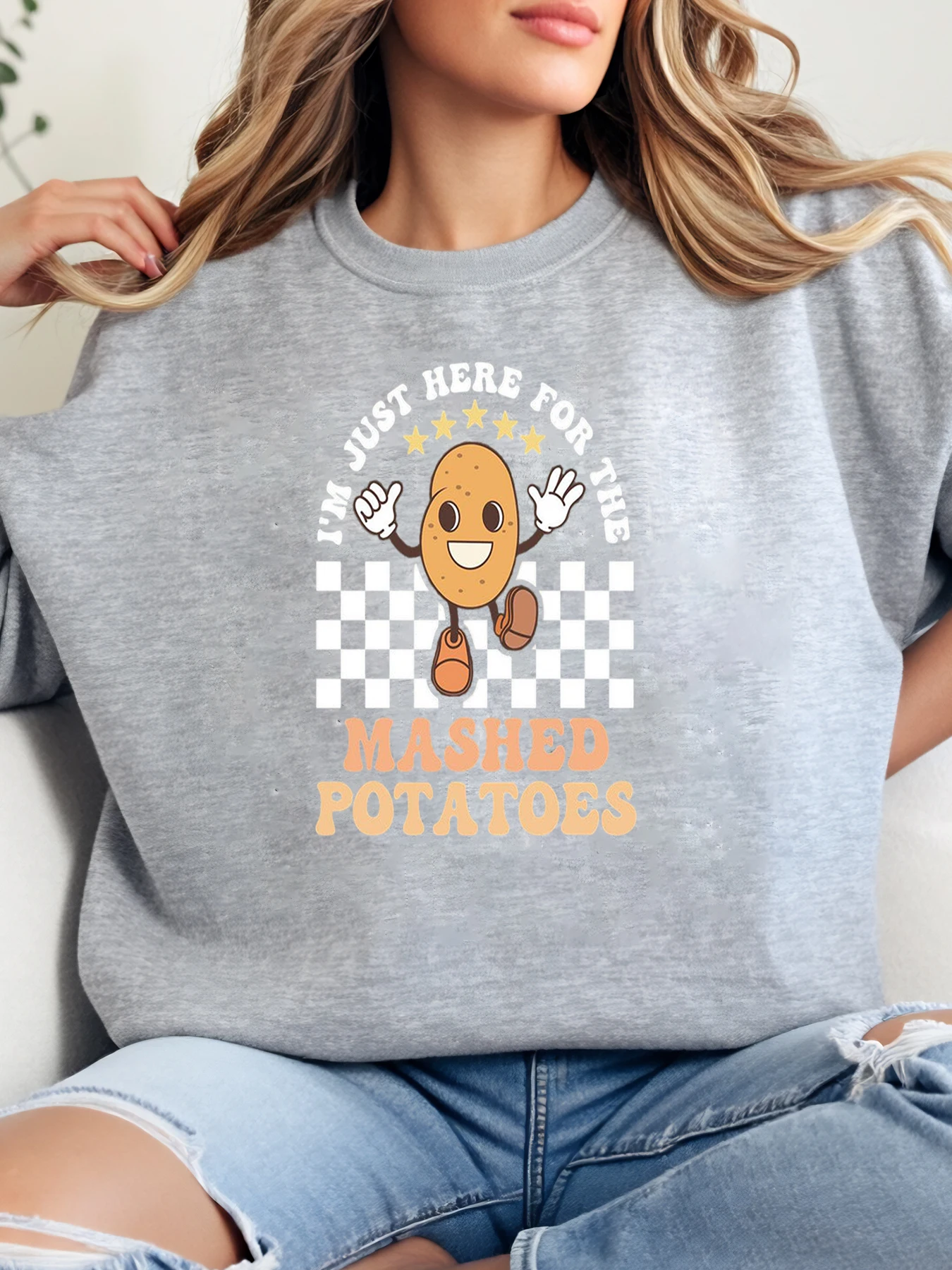 

Толстовка с круглым вырезом и принтом картофельного пюре на День Благодарения, женская повседневная одежда, серый, большие размеры