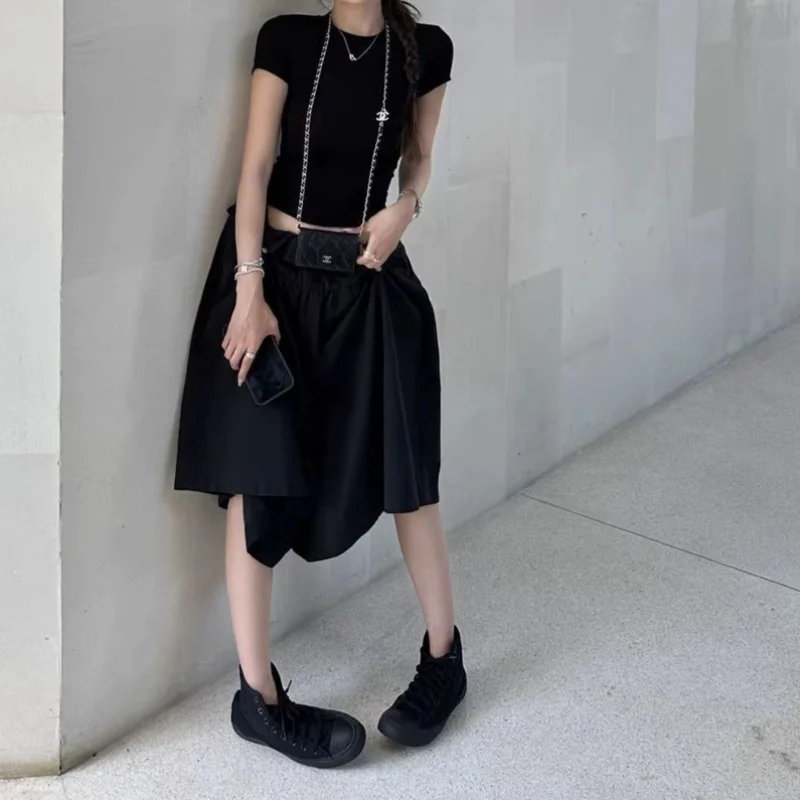 New Summer Retro Drawstring Pant Skirt  Women Elastic Waist Fold A-line Casual Loose Midi Trousers Skirts Solid Color Y2K