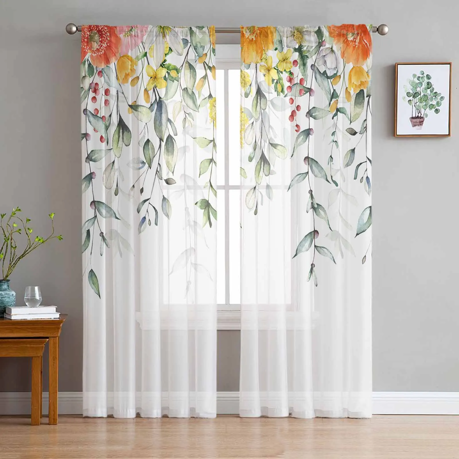 Spring Plants Wildflowers Leaves Voile Curtains for Bedroom Window Tulle Curtain for Living Room Sheer Blinds Drapes