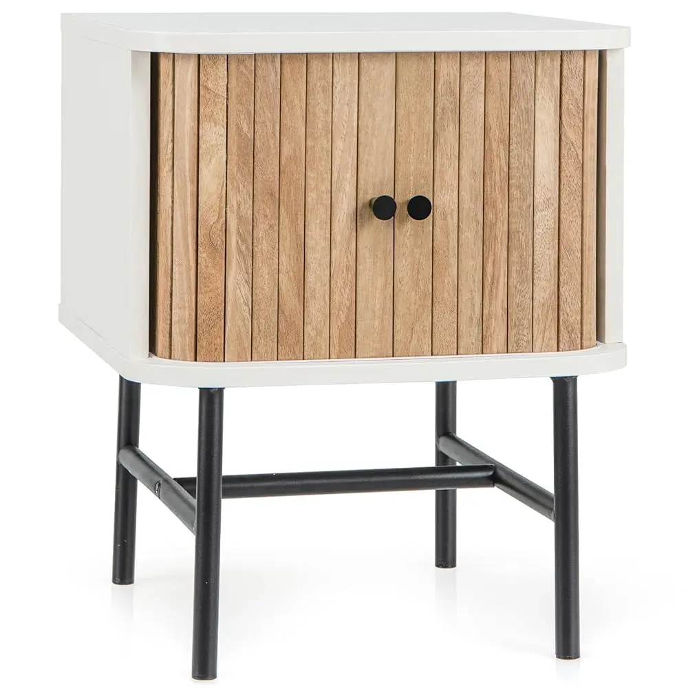 

Mid- Modern Nightstand, Wood Bedside Table With Sliding Doors And 4 Metal Legs, Side Table With Storage Cabinet, Compact Night