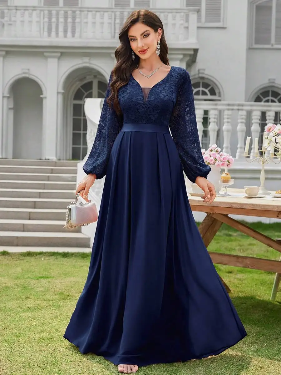 Elegante Vestido Maxi de Gasa con Encaje Floral Azul, Escote en V Profundo, Mangas Farol, Cintura Alta y Dobladillo Fluido para Fiesta Formal de Noche