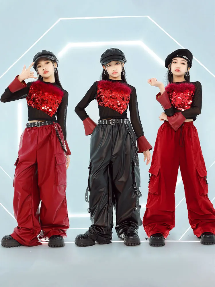 Kind Hip Hop Dance Outfit Mädchen Jazz Dance Kleidung Kpop Bühne Kleidung Pailletten Rot Schwarz Top Shuffle Hosen Street Dance Tragen