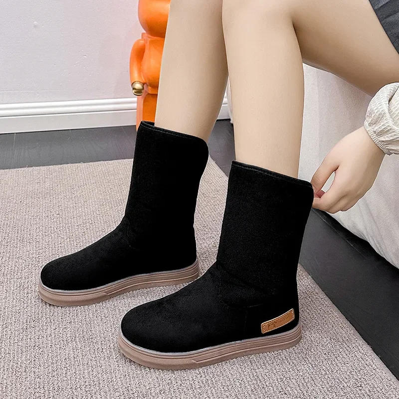 2024 New Shoes for Women Slip on Women\' Boots Winter Round Toe Solid Flock Plush Warm Comfortable Low-heeled Mid Calf Snow Boots