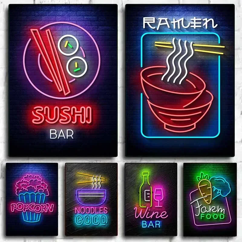 Neon Food Sign Noodles Ramen Popcorn Sushi Poster Canvas Painting Posters and Prints Wall Art Picture for Living Room Decoration