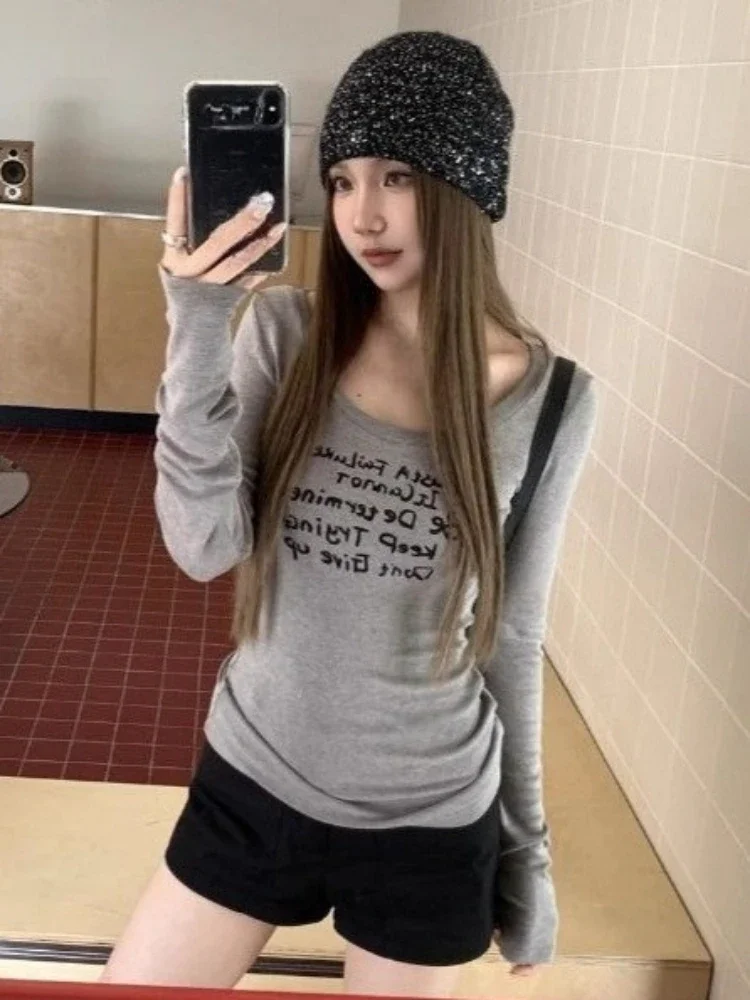 

Streetwear Gray Letter Printing Women T-shirt Y2k Aesthetic Grunge U Neck Vintage Tees Harajuku Casual Autumn Simple Tshirts