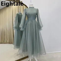 Customized Turkey Arabia Muslim Engagement Shinning Fabric Evening Dress Puff Sleeve Tea Length Party Dress A Line Formal Gown