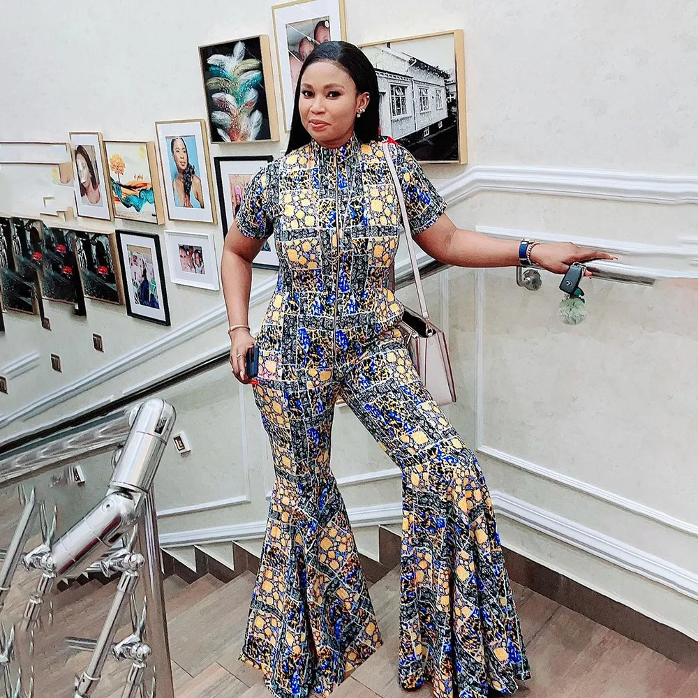 Tuta da mamma africana da donna russa europea e americana tuta a gamba larga con cerniera di qualità stampata elastica