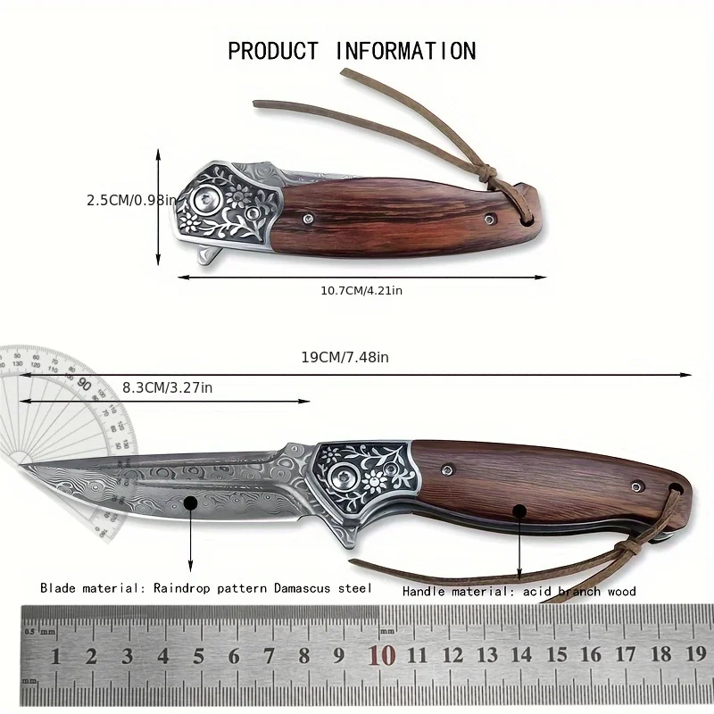 High Hardness Folding Knife Damascus Steel Blade Rosewood Handle Pocket Knife Outdoor EDC Survival Hunting Camping Hiking Tool