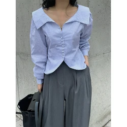 MEXZT Elegant Striped Shirts Women Korean White Long Sleeve Blouses Office Ladies Fashion Design Turn Down Collar Chic Tops New