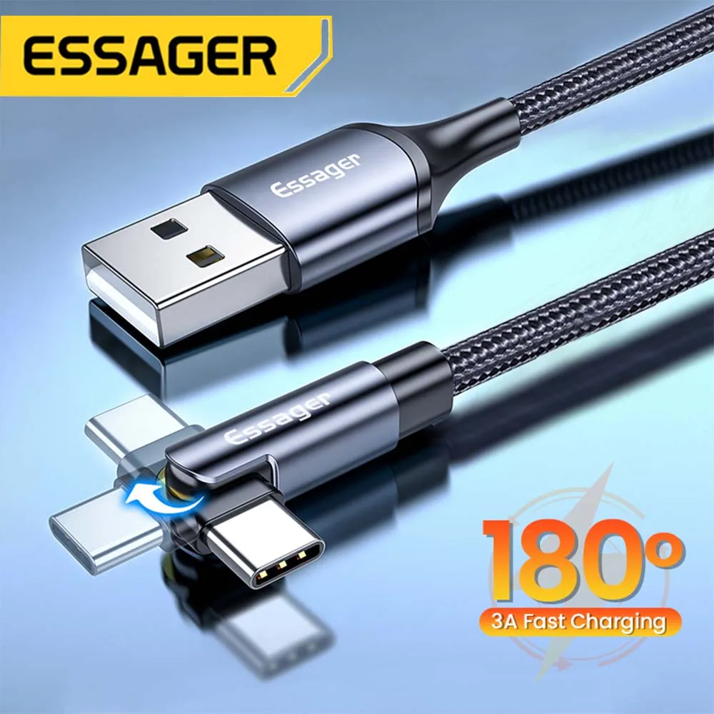 Essager 180° Rotate Micro USB Type C Cable For Samsung Xiaomi 3A Fast Charging USBC Cable 90 Degree Phone Cable Data Wire Cord