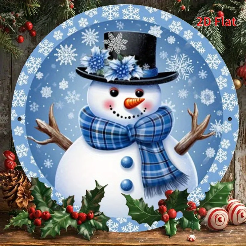 مسطح ثنائي الأبعاد، طباعة مسطحة ثنائية الأبعاد، لوحة فنية جدارية معدنية ملهمة عتيقة - رجل ثلج شتوي أزرق مع قبعة ووشاح زهور #1