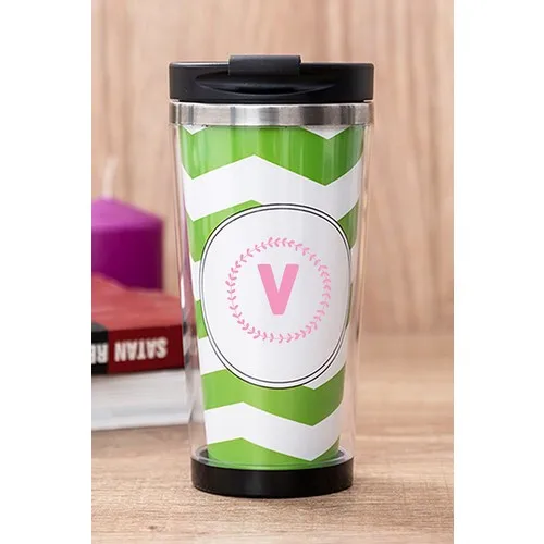 Gift Shop V Letter Pink Frame Green Thermos Cup