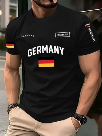 T-shirt da uomo in maglia da calcio tedesca - bianca con stampa "ALLMANIA" a strisce nere e rosse, maglietta casual a maniche corte per appassionati di sport