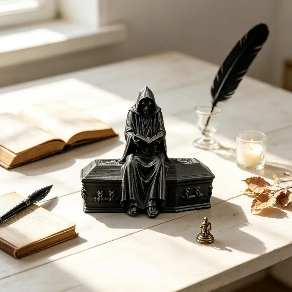 Mysterious Desk Accessories 3d Printed Reading Skeleton Figurine Hooded Reader Statue Spooky Desktop Ornament for Home Office