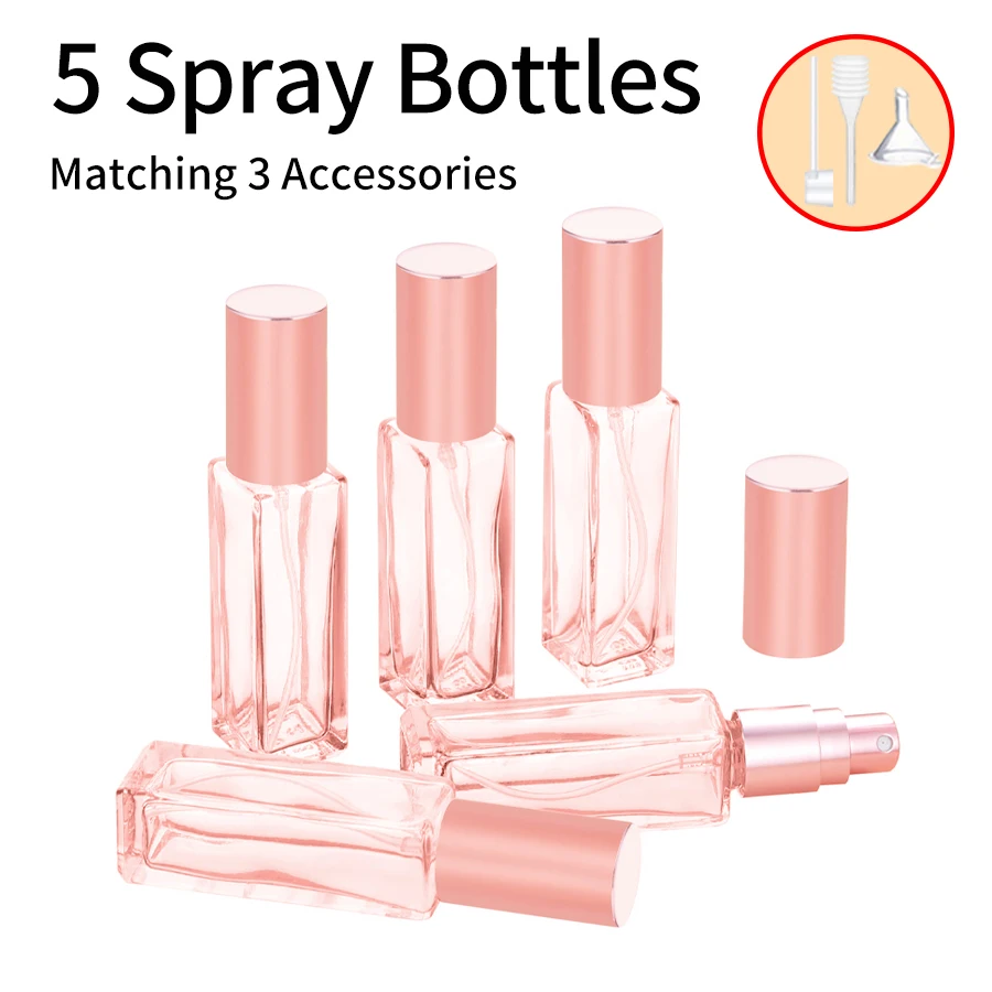 5pcs+3 accessories 10ml mini refillable perfume bottle with 5 spray bottles, 1 funnel, 1 spring-loaded straw and 1 dispenser