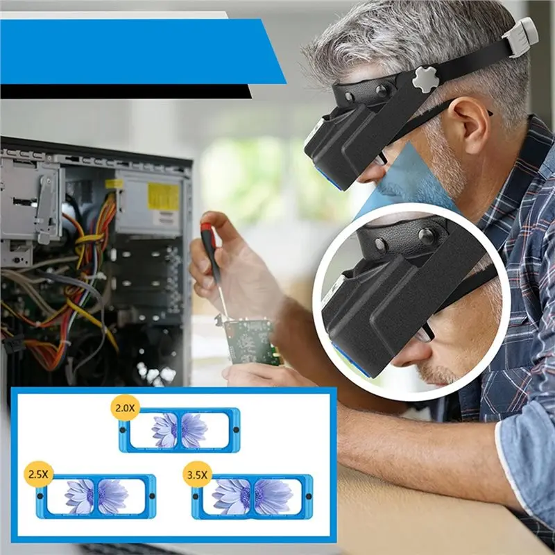 【HOT-PRICE!】Head Mount Rechargeable Headband Magnifier With LED Light, Jewelers Optivisor Hobbies Visor Maning Glasses
