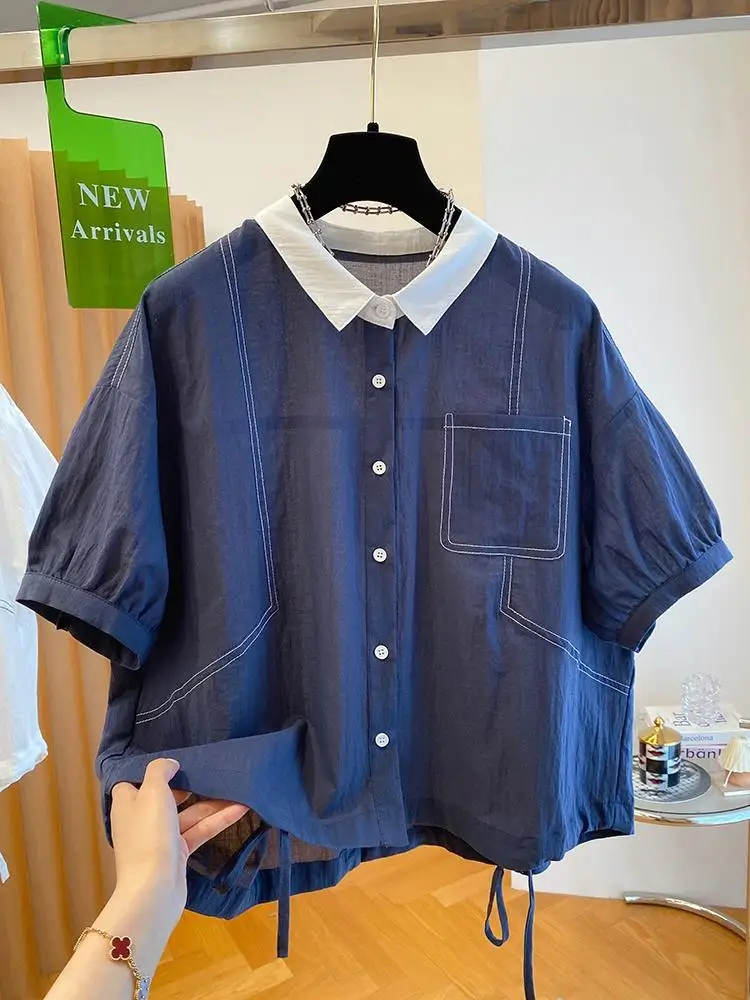 

Fashion Women Short Shirt Lapel Pleated Turn-down Collision Color Female Top 2025 Summer Lady Shirts