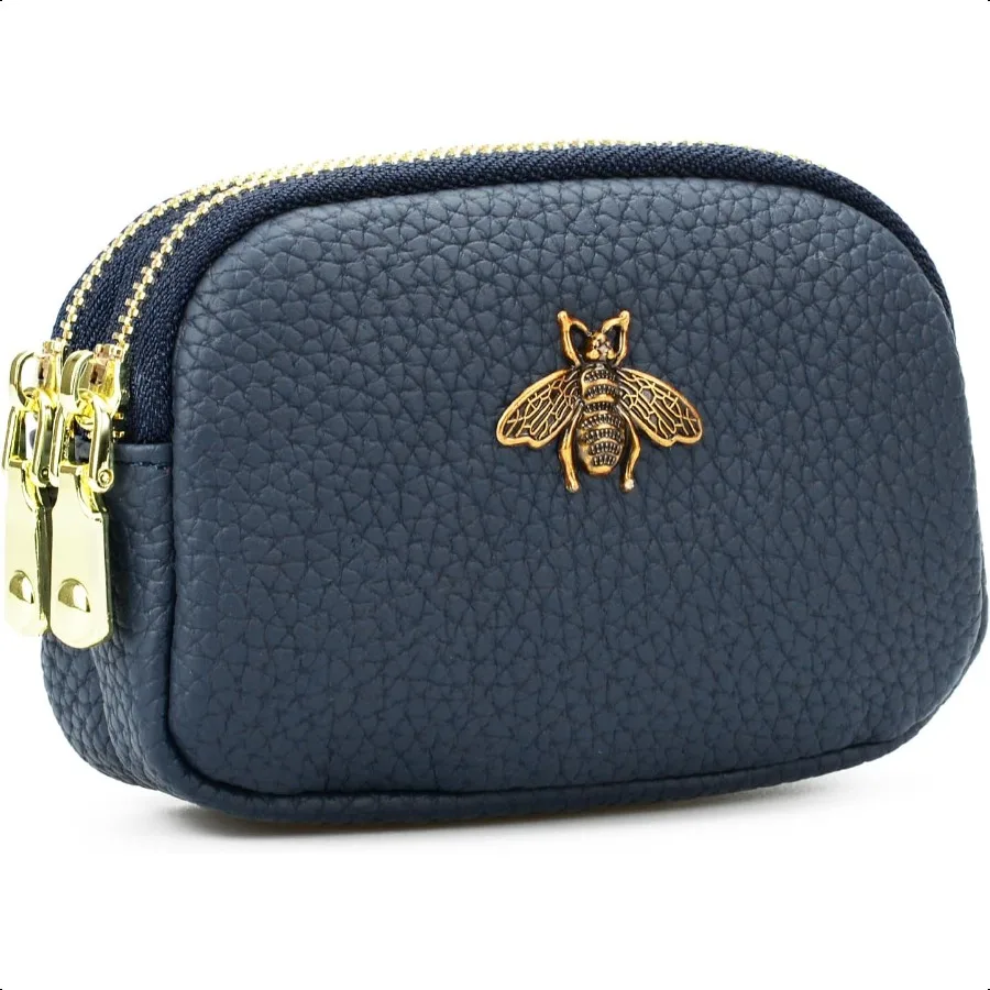 

WOZEAH Leather Coin Purse for Women Small 2 Zipper Change Wallet with Key Ring Card Key Coin Cash Holder Pouch Blue