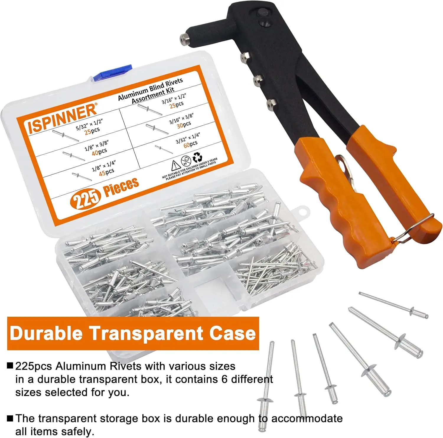 مجموعة متنوعة من المسامير العمياء مكونة من 225 قطعة مع أداة مسدس برشام يدوية شديدة التحمل، ومسامير 6 أحجام