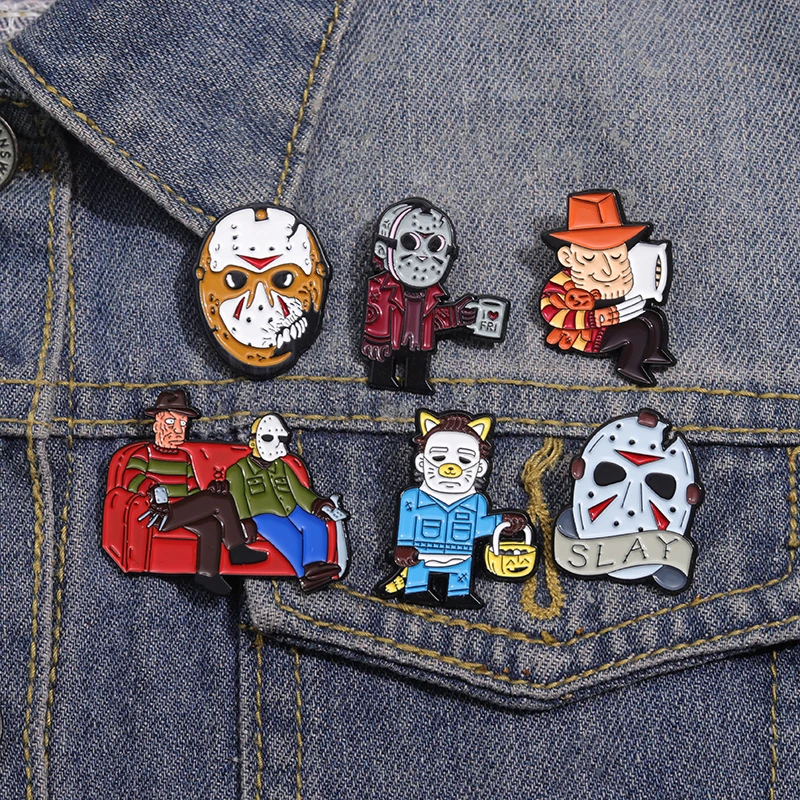 Halloween Horror Movie Enamel Pins Custom Thrilling Mask Film Figure Brooches Collar Lapel Badge Punk Jewelry Gifts for Friends