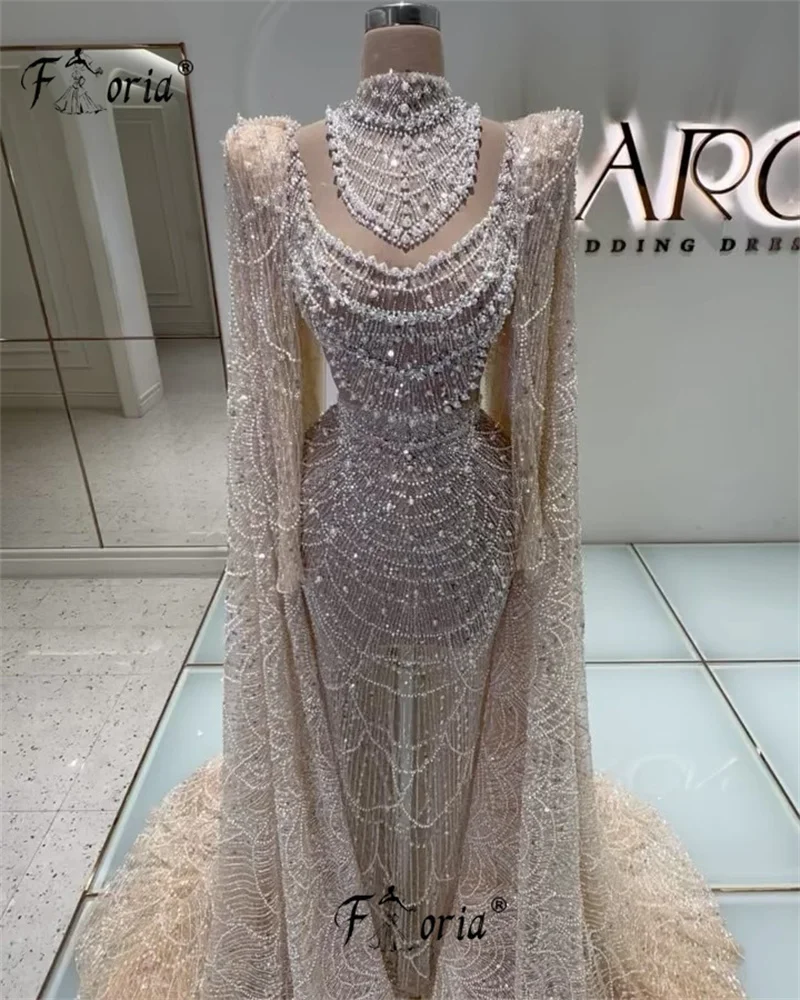 Dubai frisado vestidos de noite com pérolas, capa longa, mangas, ilusão sereia, champanhe, vestido de casamento luxuoso para noiva