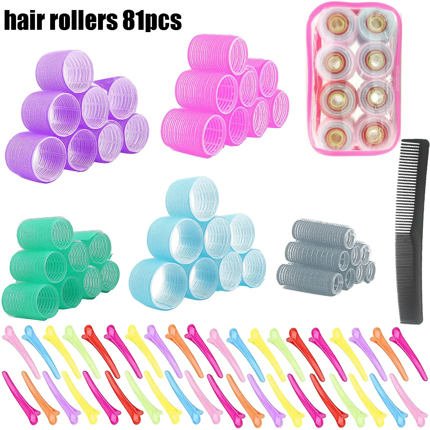 

81PcsHair Rollers Self Grip Hook Hair Curlers Heatless Hair Roller Salon Hair Dressing Curlers Jumbo Size Sticky Hair Styling To