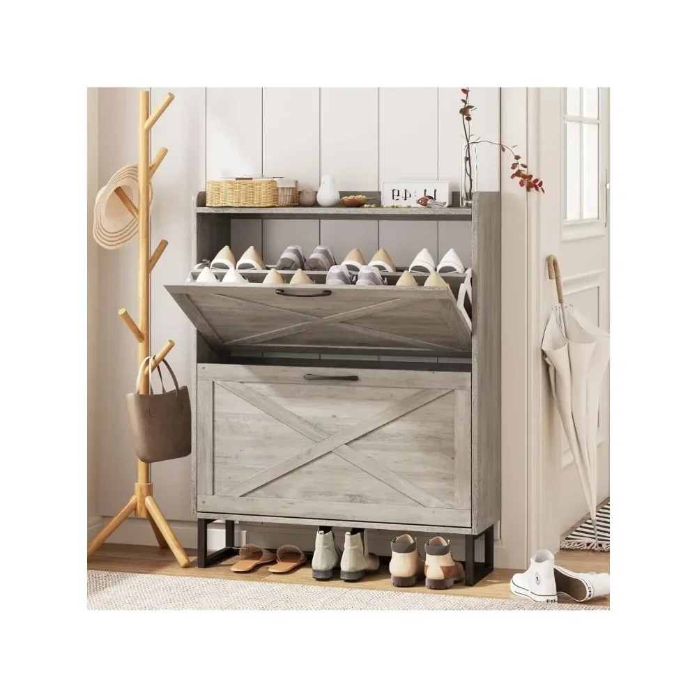 

Shoe Cabinet with 2 Flip Drawers, Freestanding Shoe Cabinet Organizer with Metal Legs, Shoes Storage Cabinet for Entryway