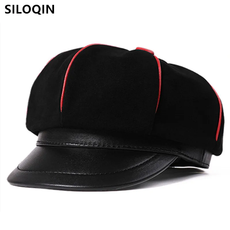 Winter Women's Hat Natural Genuine Sheepskin Leather Caps Warm Newsboy Caps For Women Personality Vintage Golf Cap Free Shipping