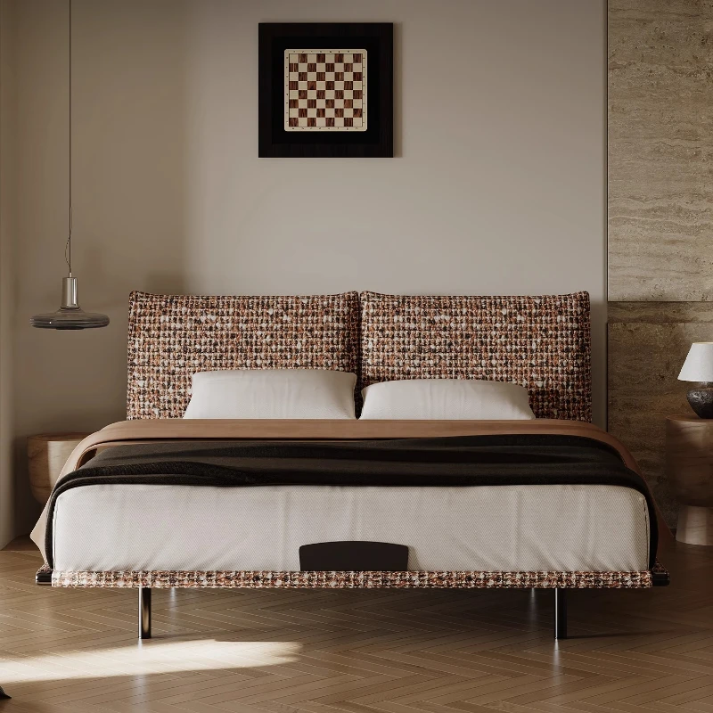 

Luxury First Layer Cowhide Italian Style High Backrest Rouge Beds Bed Frame Furniture For Bedroom Yarn Hemp Cotton Double Bed