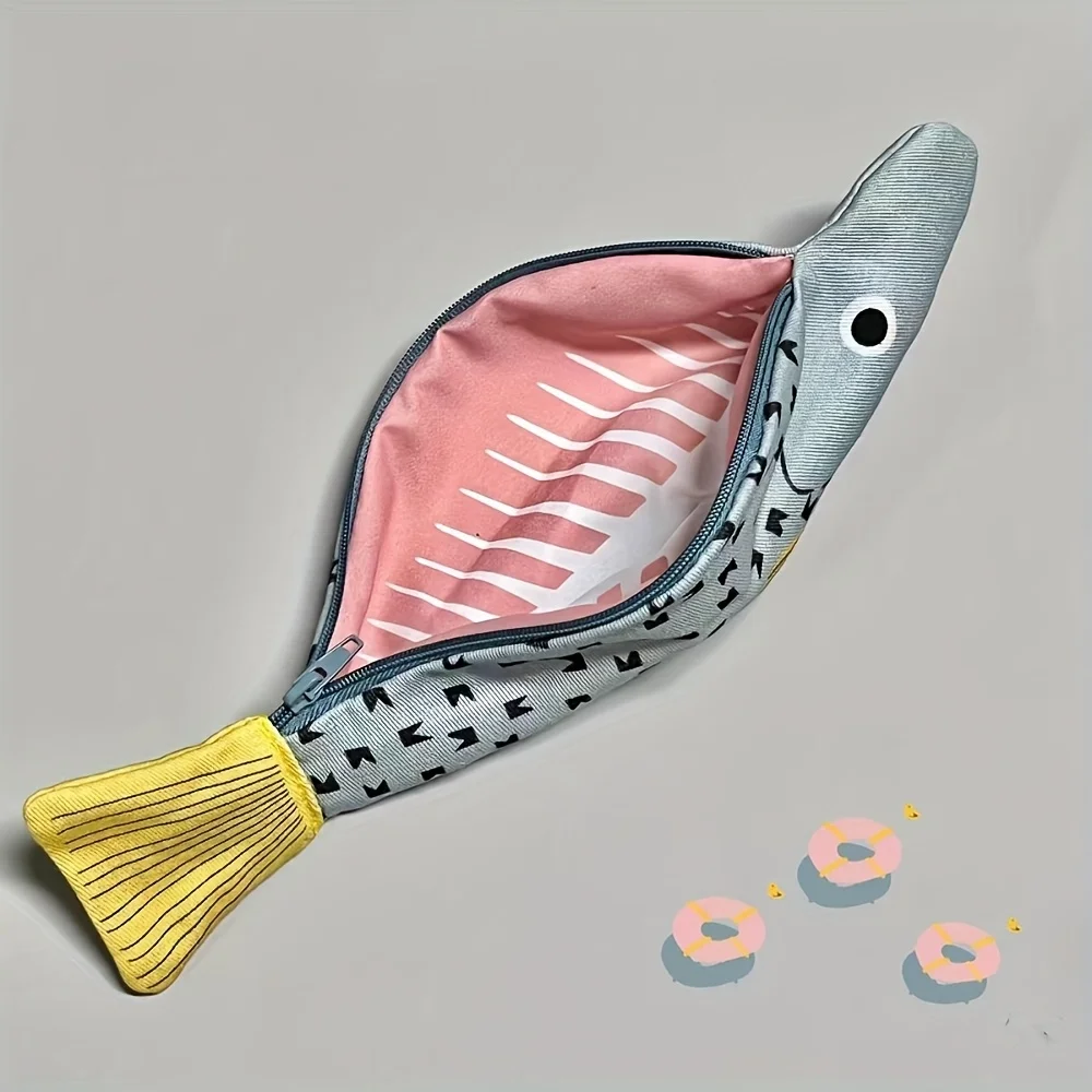 Realistic Grouper Fish-Shaped Pencil Case & Stationery Storage Bag With Simulated Fishbone Lining For Office, Birthday Gifts.