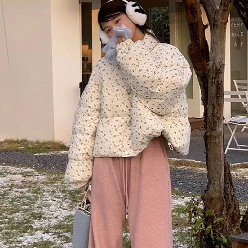 Women Off White Mini Floral Print High Collar Cotton Coat Women Drawstring Hem Warm Sweet Girl Style Winter Padded Jacket