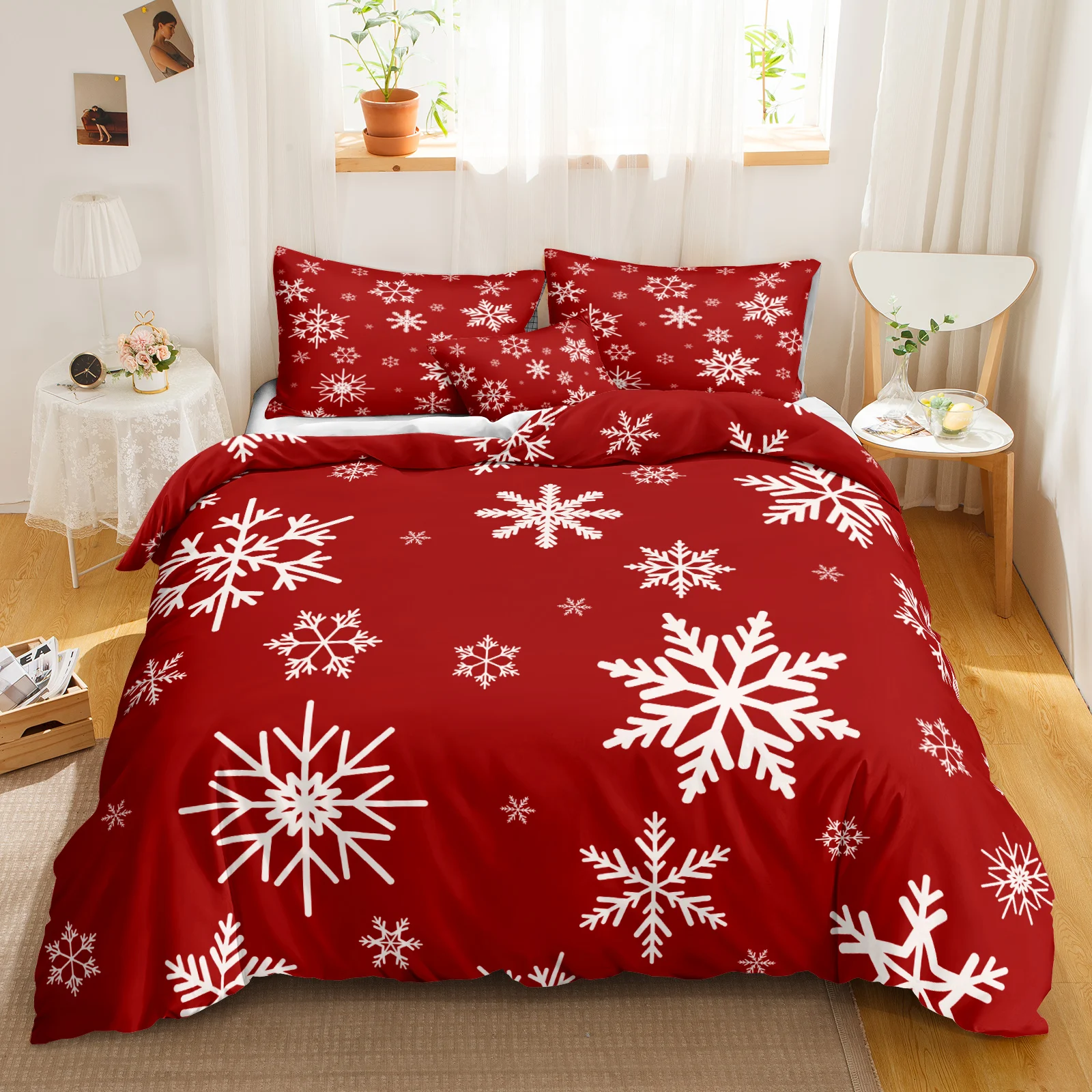 White Snow Red Christmas Print Bedding Set Simple Christmas Comforter Cover Set Morden with Zipper Closure