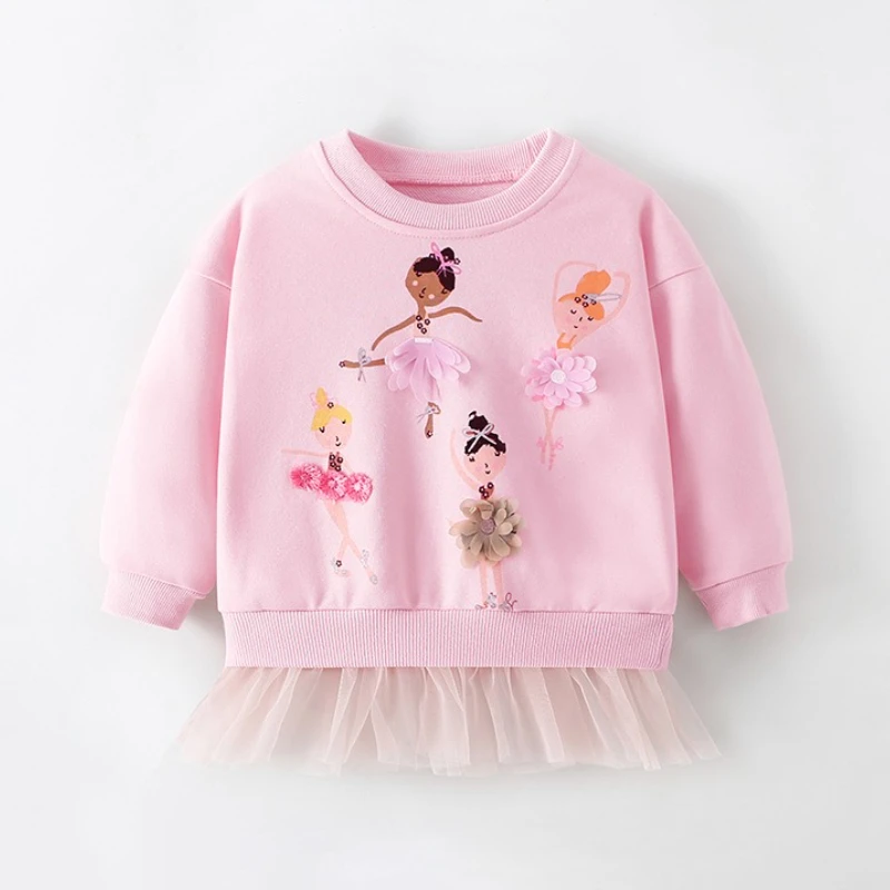 

2025 New Spring and Autumn Girls' Round Neck Cute Little Girl Pattern Three Dimensional Printed Solid Color Long Sleeve Hoodie