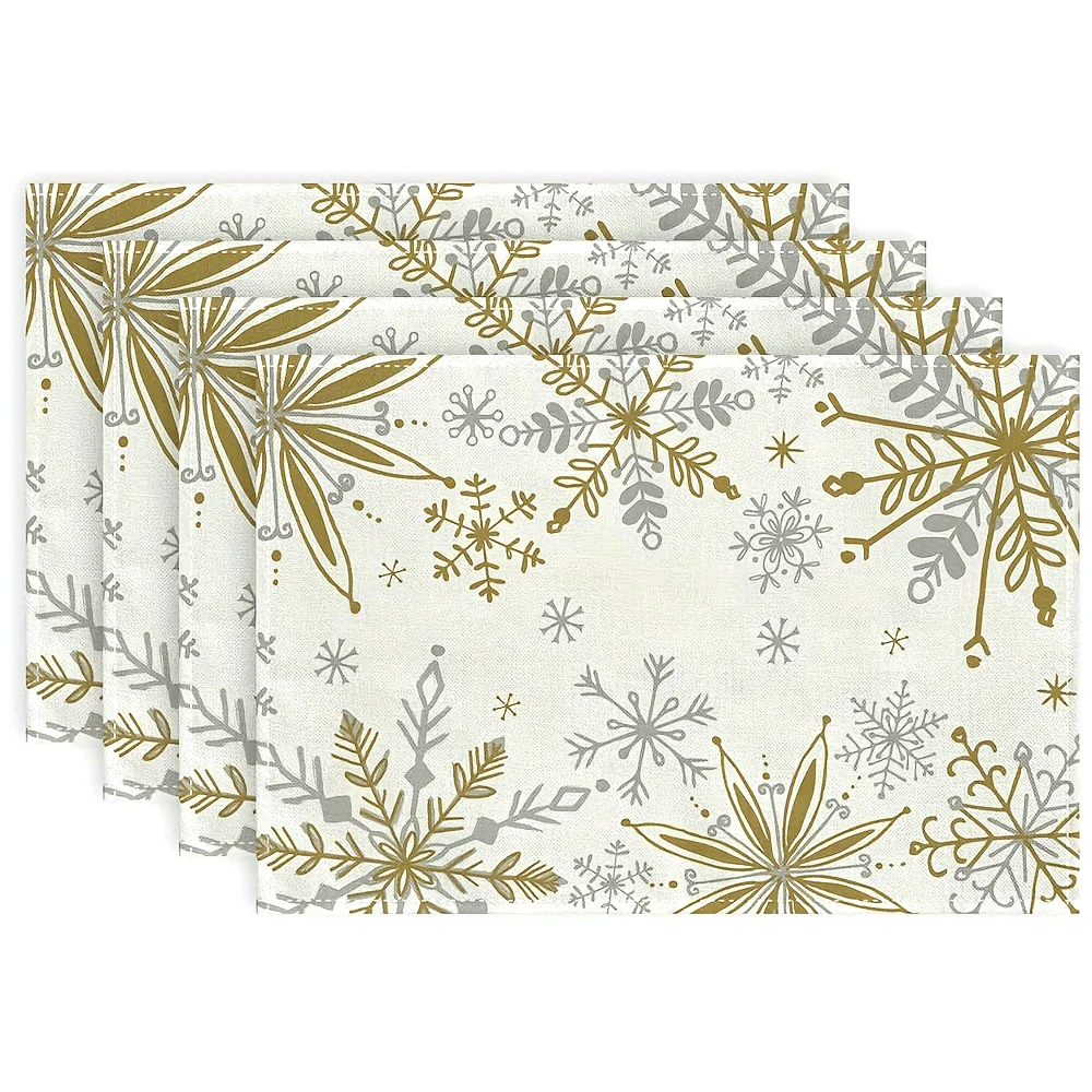 VIKAMA Juego de manteles individuales de copo de nieve de 4 piezas, fácil de limpiar, solsticio de invierno, reunión familiar y decoración de mesa de cena navideña