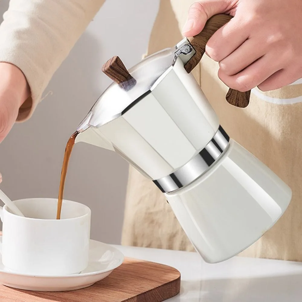 

Octagonal Aluminum Moka Pot Wood Pattern Handle 150ml/300ml Espresso Maker Pot Durable Brewing Tool Brewing Coffee Pot Home