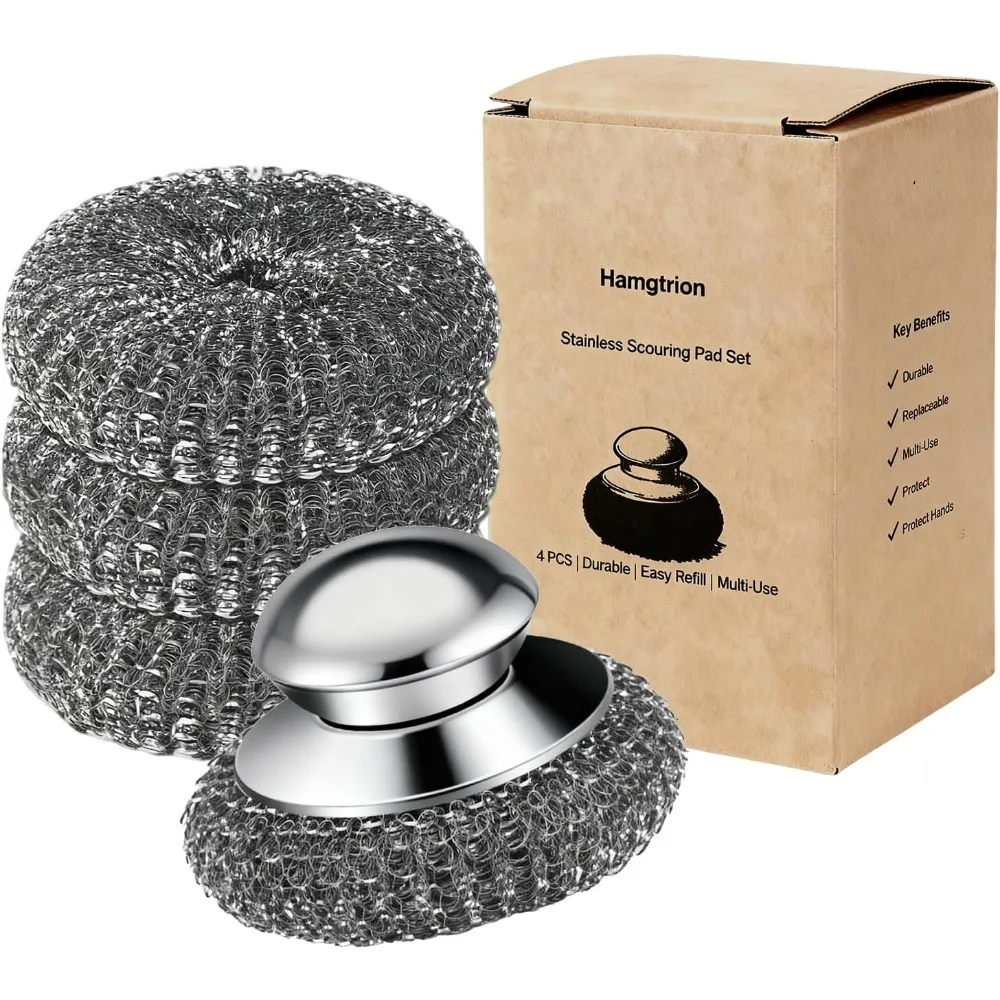 

Heavy Duty Steel Wool Scrub Pads 4 Pack with Handle for Cookware Grill Oven Sink Rust Stuck on Mess