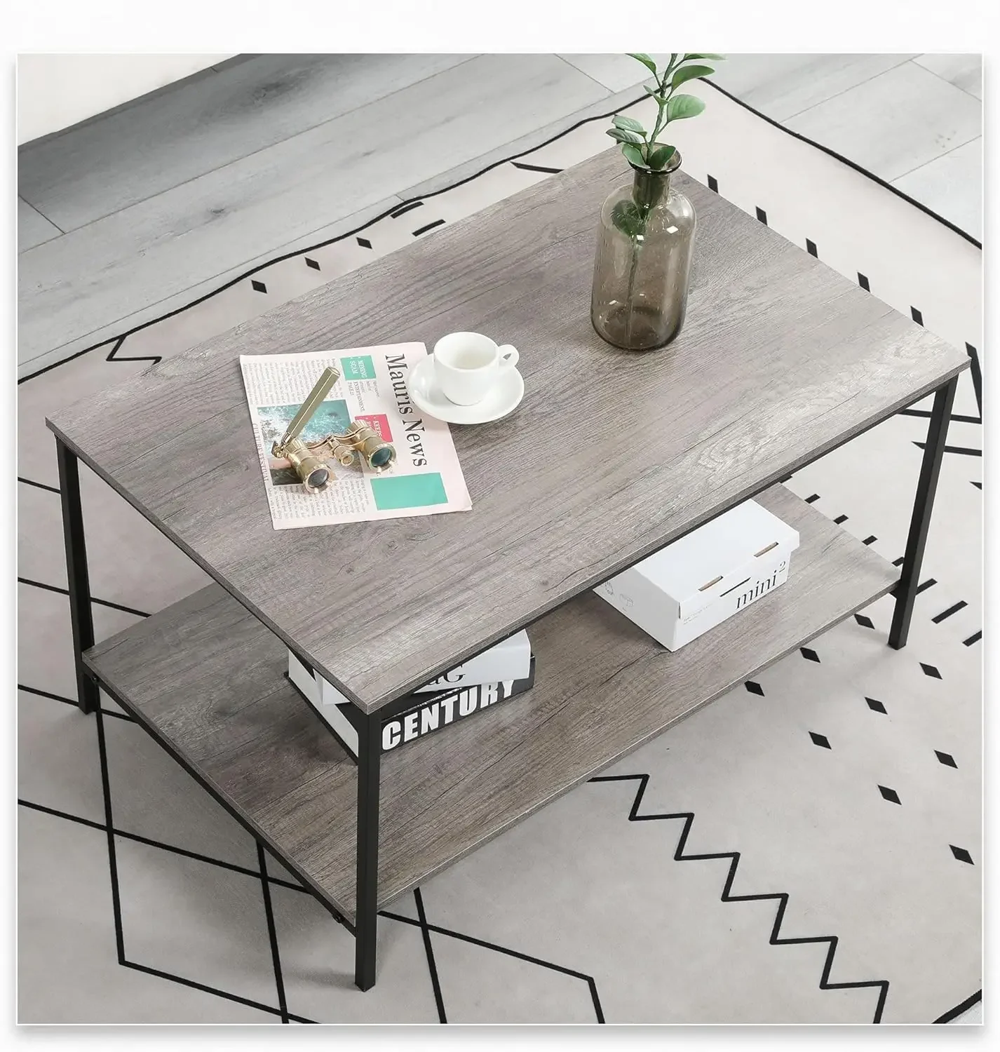 Grey Oak Rectangle Wood and Sturdy Metal Side End Table, Stable Metal TV Stand, Functional Center Table for Living Room