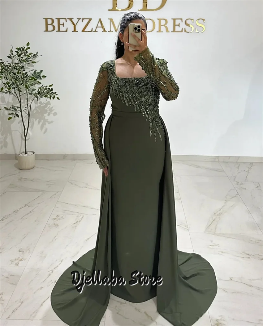 Robe de soirée de forme sirène, personnalisée, verte, luxe, perles, paillettes, robe de soirée de mariage, gants, robe de bal, 2025