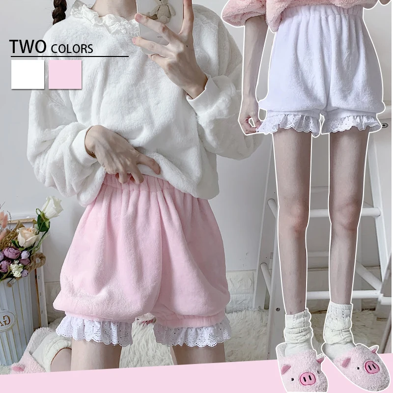 Pink White Winter Cute Lolita Girls Warm Velvet JK Shorts Sweet High Waist Lace Plush Shorts Women Summer Kawaii Bloomers Shorts