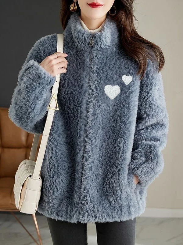 

Women's Fleece Lined Jacket Stand Collar Open Cardigan Winter Casual High Waist Sheepskin Velvet Thickened Long Sleeve Zipper