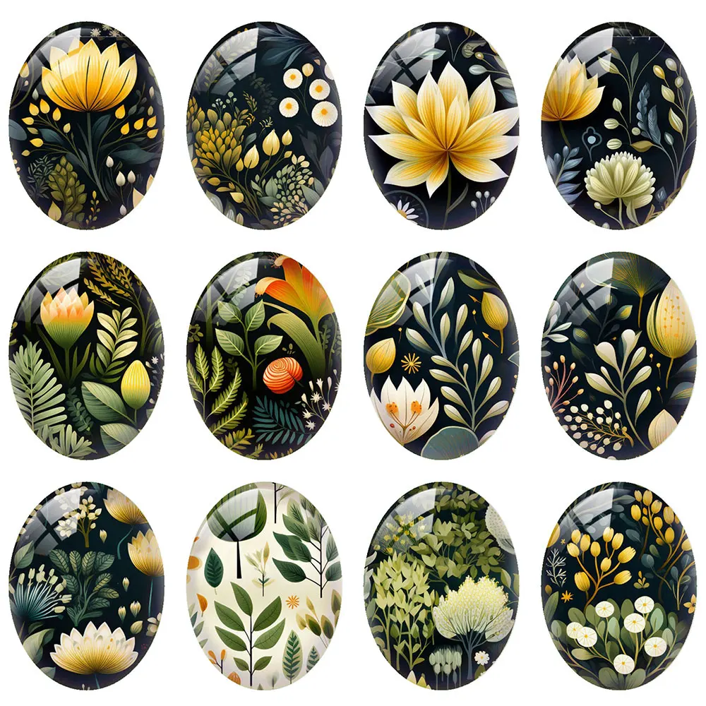 

10pcs/lot Dark Green Leaf Flower Oval Photo Glass Cabochon Flatback Demo Flat Back Cameo For Diy Jewelry Making Supplies